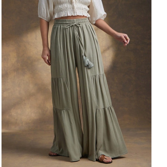 Boho Sage Green Stretchy Waist Wide leg Ruffle Hem Pants - Picture 4 of 5